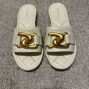 AEROSOLES White and Gold Mules with Quilted Footbed